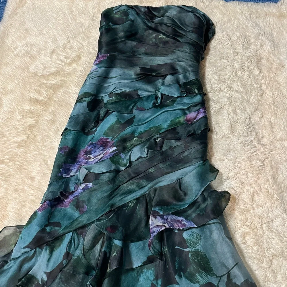 Theia Dark Teal & Purple Floral Strapless Ruffled Gown Size 8 NWT ⭐️⭐️⭐️⭐️⭐️ - Picture 2 of 11